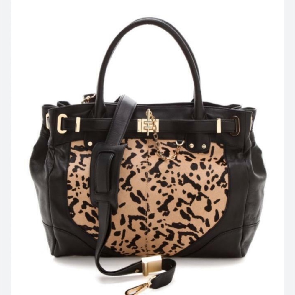 RACHEL ZOE Leopard Print Tote Deux Satchel Leather Real Calf Hair XL Handbag Bag